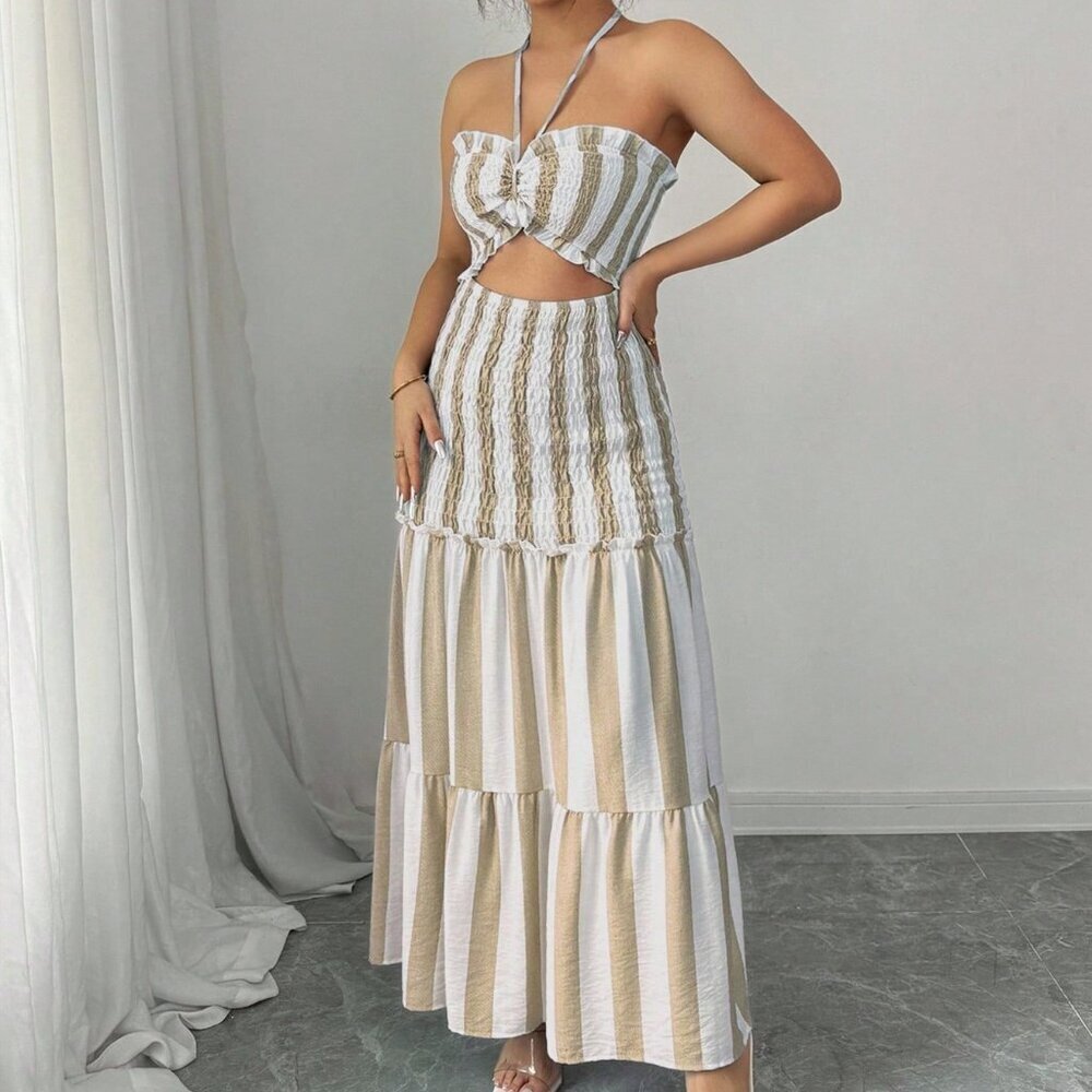 Khaki Boho Women's Striped Elegant Spaghetti Strap Dress - Picture 8 of 8